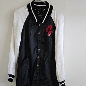 Bebe embroiled rose long bomber jacket-Black/white, Podka Dot Interior -Size Med